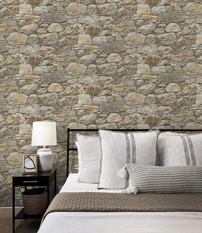 NextWall Faux Stone Wall Rustic Prepasted Wallpaper (Toffee & Ivory)