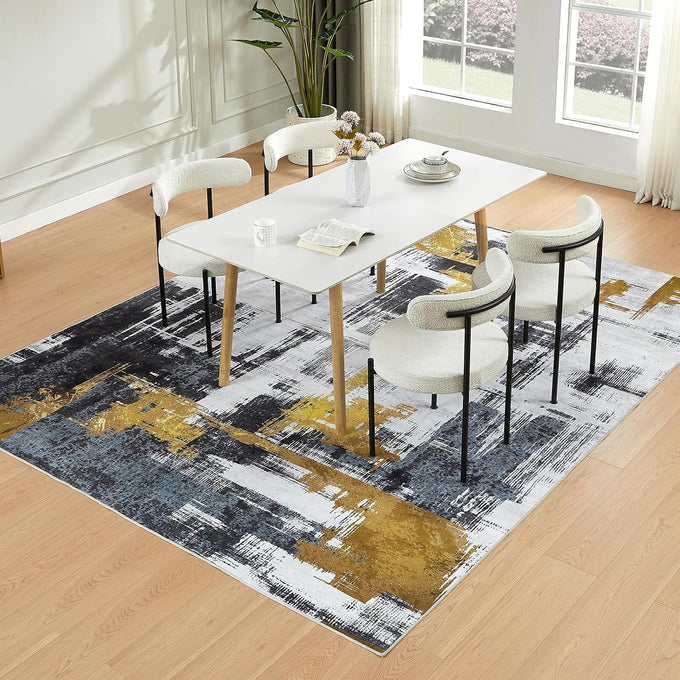VK·LIVING Machine Washable Rug 6'x9' Abstract Washable Area Rugs for Living Room Non Slip Rugs for Bedroom Modern Woven Boho Rug Soft Carpet for Kitchen, Dining (Gold Brushstroke)