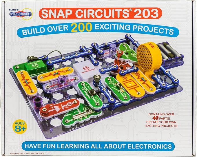 SNAP CIRCUITS 203 STEM Electronics Kit for ages 8 and up, featuring over 200 engaging projects to explore electrical engineering basics with 40+ snap-together components.