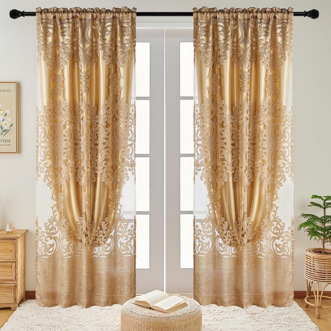 NAPEARL Luxury Jacquard Curtains and a Valance for Living Room, Dining Room Curtains & Drapes with Layer, Set of 2 Panels with Lining Satins (Gloden, W52 x L84)