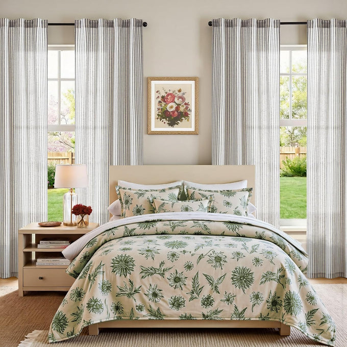 jinchan Linen Curtains 84" Charcoal Grey Stripe on Beige Back Tab 4 Panels