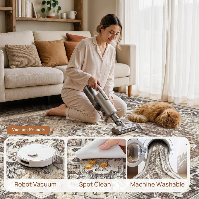 DTICON Vintage Washable 8x10 Area Rug Living Room Rugs, Dark Brown