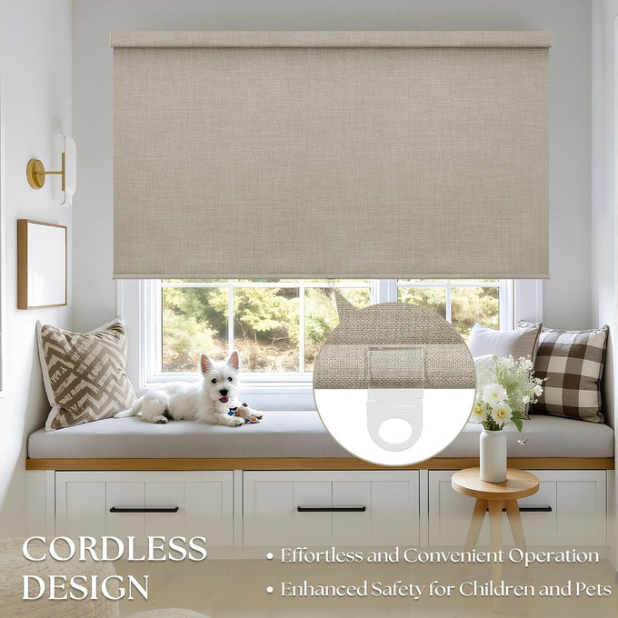 Blackout Roller Shades for Bedroom Window Cordless Free-Stop Blinds with Valance UV Protection 100% Black Out Linen Shades Blinds for Indoor Bathroom Windows Living Room Beige Oatmeal 34" W x 72" H