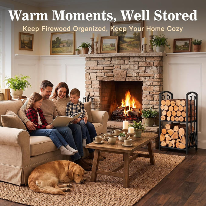 FEED GARDEN 29" Firewood Rack with 4-Piece Fireplace Tools, Indoor Outdoor