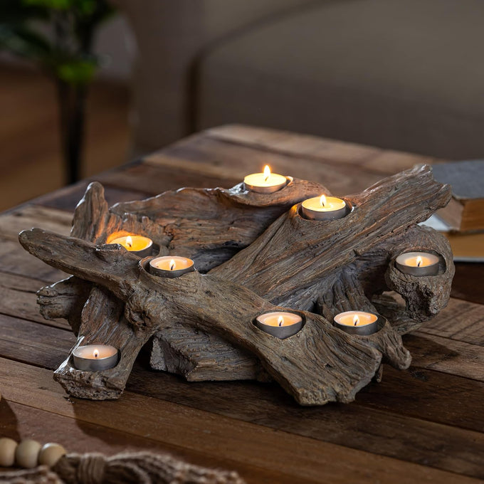 Plow & Hearth Faux Birch Fireplace Candle Holder, Resin Log Insert for Fireplace Decor, Holds 8 Fireplace Candles for Inside Fireplace, Cozy Living Room Fireplace Decorations