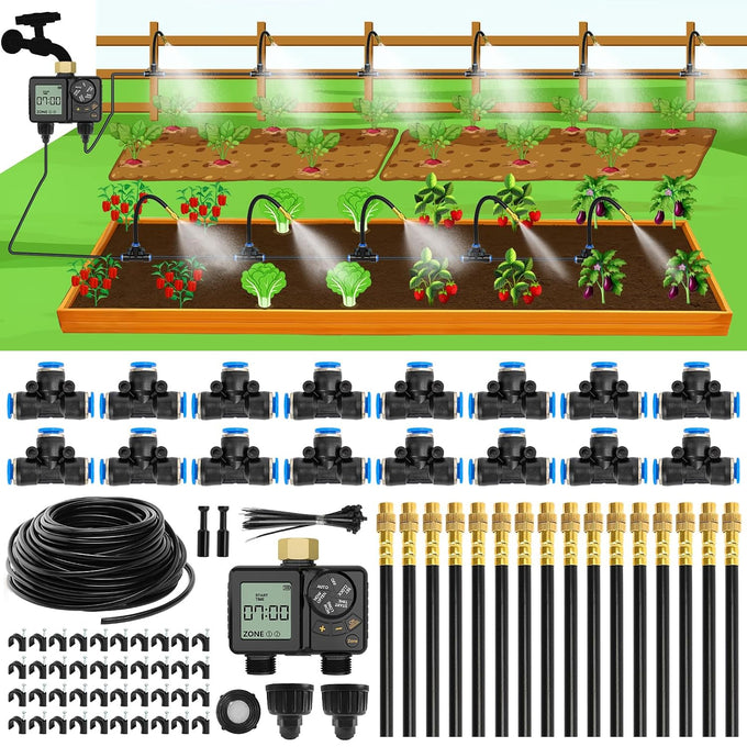 MIXC 200Ft 1/4" Drip Irrigation System,2026-Upgrade Garden Irrigation Kit with 32pcs Adjustable Copper Nozzles, Atomizing Watering System for Outdoor Plants,Raised Bed,Yard,Potted Plant,Lawn
