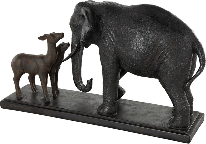 Deco 79 Resin Elephant Decorative Sculpture Walking Home Decor Statue with Dark Brown Deer, Accent Figurine 20" x 6" x 11", Black