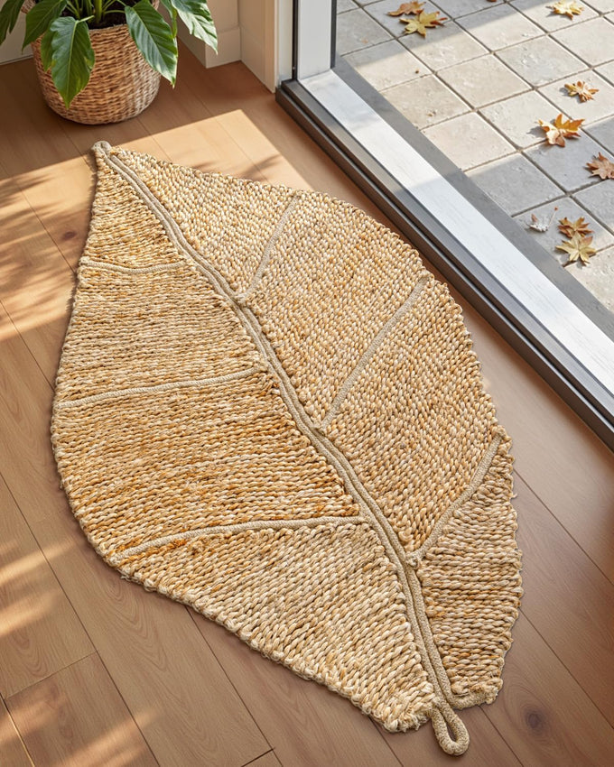 DEXI Jute Door Mat 24x36, Leaf Shaped Inside Entry Mat, Beige