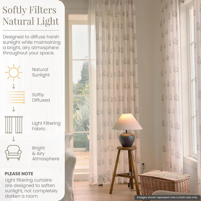 DrapePalette - Linen Blend Pinch Pleated Curtains 96 Inches Long for Living Room, Bedroom, Dining Room, Light Filtering Curtains 2 Panels Set, Modern Floral Printed Design, Beige White, 30" W x 96" L