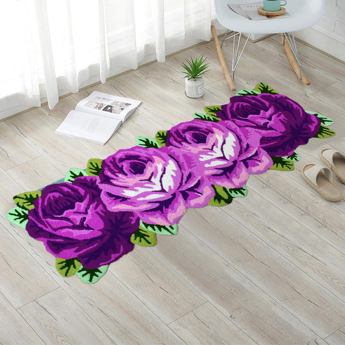 ABREEZE 4 Rose Rug Floor Runner Handmade Rug Purple Floral Mats Anti-Slip(Non-Slip) Modern Carpet Washable Floor Mats for Bedroom/Sofa/Bathroom (4 Roses Runner, Purple)