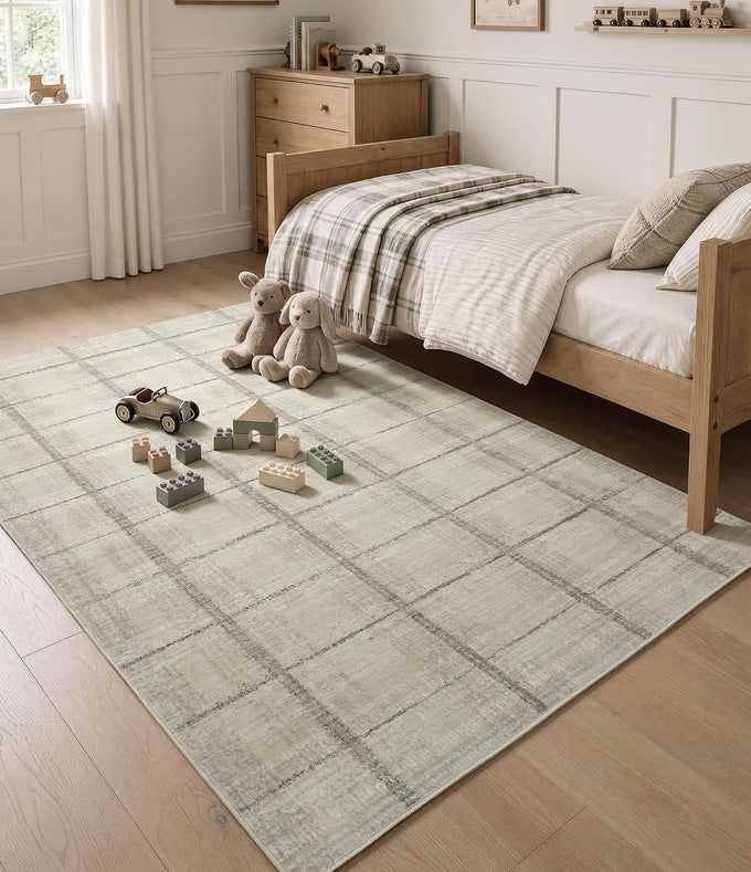YIHOUSE 5x7 Beige Ivory Distressed Plaid Area Rug for Living Room