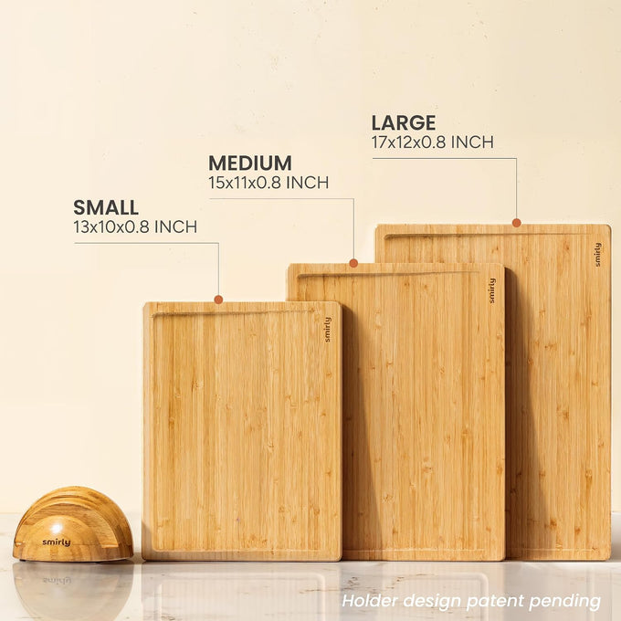 SMIRLY Cutting Boards for Kitchen, 3 Piece Bamboo Cutting Board with Stand