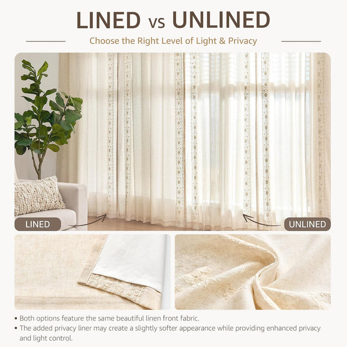 jinchan Floral Linen Curtains Embroidered Back Tab 54Wx84L 2 Panels