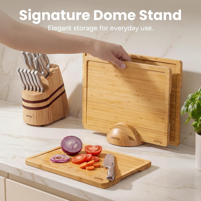 SMIRLY Cutting Boards for Kitchen, 3 Piece Bamboo Cutting Board with Stand