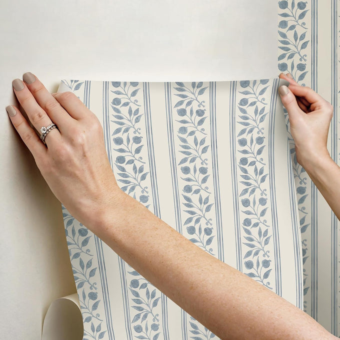 NuWallpaper x Morris & Co. Rosehip Stripe China Blue Peel and Stick Wallpaper, MCS6609