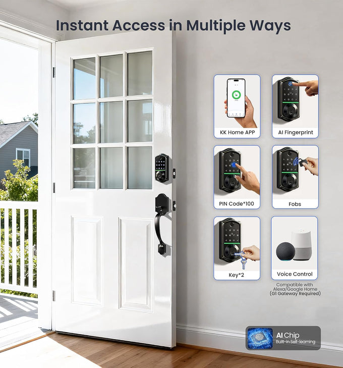 Veise VE017-H 8-in-1 Fingerprint Smart Front Door Lock Set, Matte Black