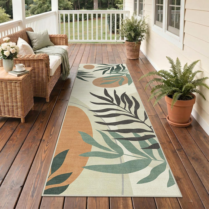 GENIMO 5x8 Outdoor Rug, Washable for Patio and Deck, Beige Olive