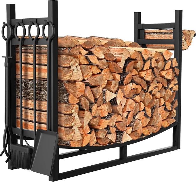 AMAGABELI GARDEN & HOME Firewood Rack Indoor with Tools 5-Piece Fireplace Tools Set Wood Holder Outdoor Wrought Iron Log Holder Firewood Storage Rack for Fireplace,Fire Pit,Wood Stove Black