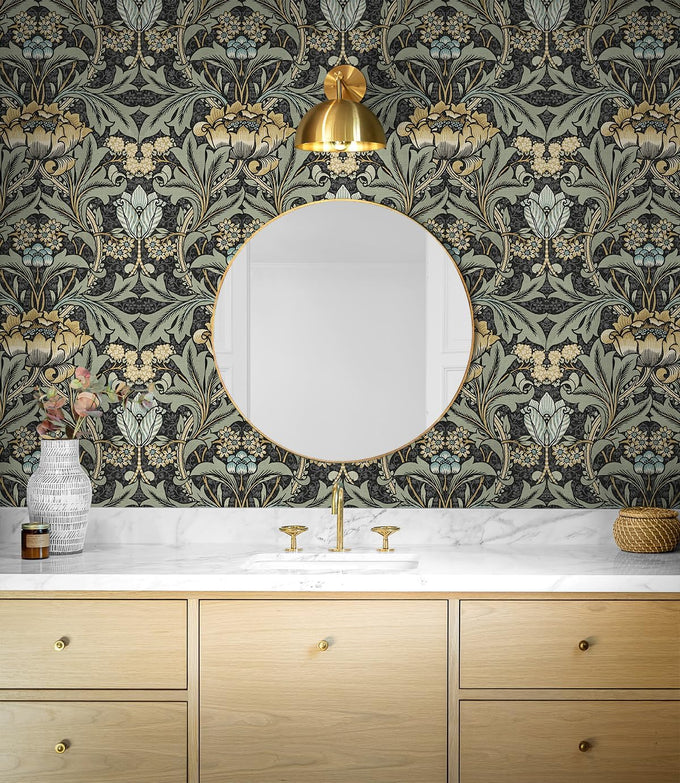 Acanthus Floral Vintage Prepasted Wallpaper (Charocal & Goldenrod)