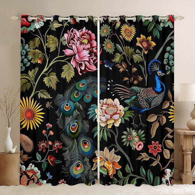 Feelyou Peacock Floral Blackout Curtains 2 Panels 52x84 Inch