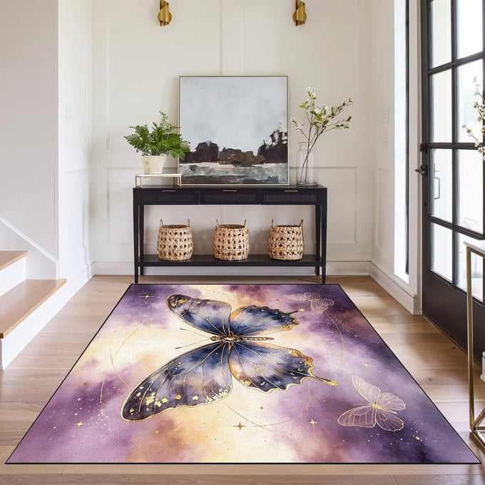 Purple Gold Celestial Butterfly 5'x7' Area Rugs for Living Room Mat