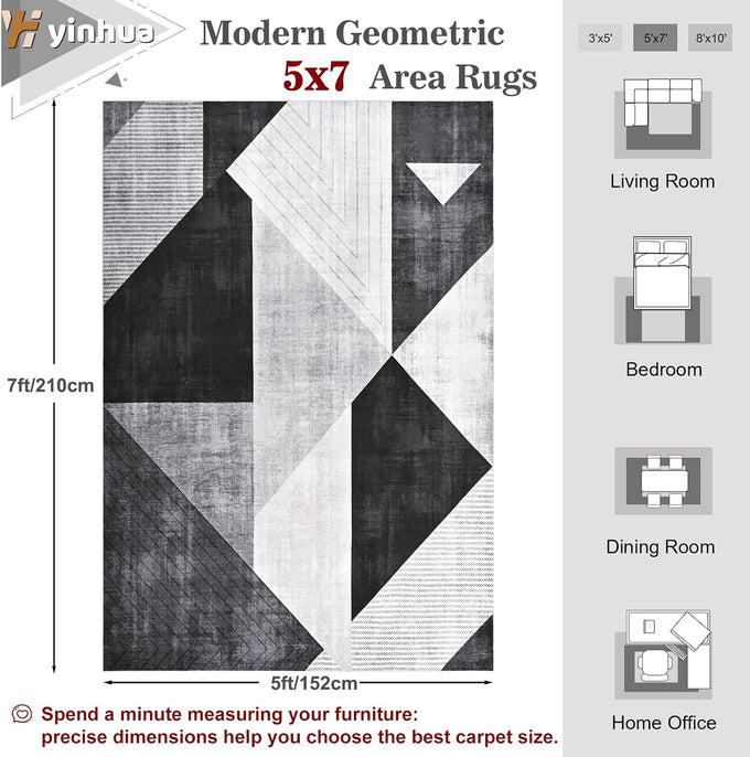 Yinhua Modern Geometric Area Rugs 5x7 Grey Black Rugs for Living Room Washable Rug Non Slip Low Pile, Large Soft Bedroom Rug Non Shedding, Modern Simplicity Carpet for Home Office, Dining Room