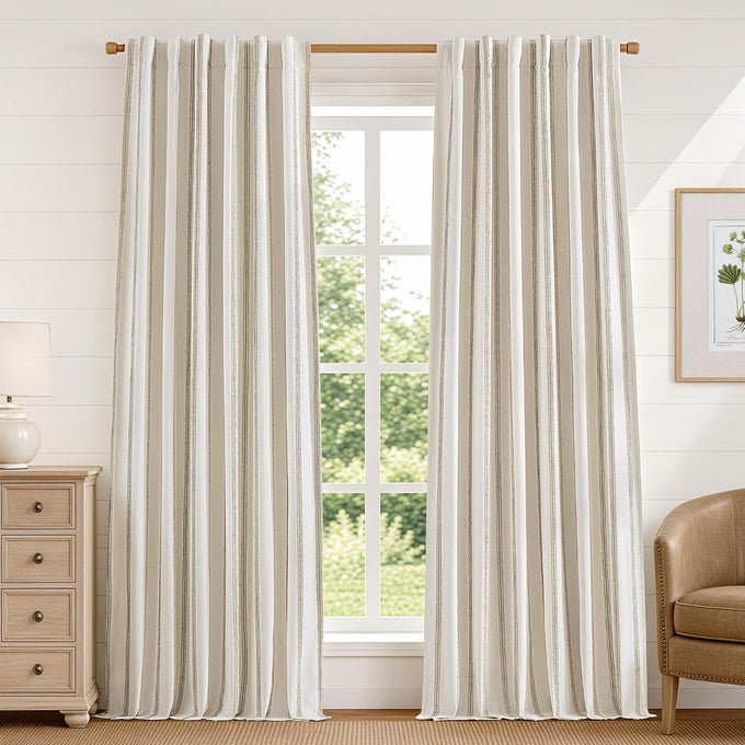 DriftAway 100% Blackout Farmhouse Linen Chenille Stripe Drapes Camel Beige