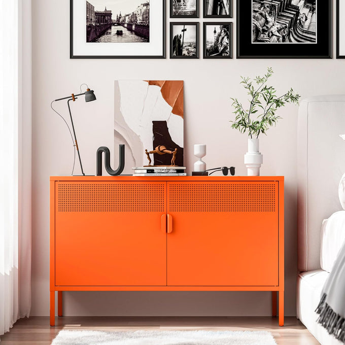 Washsemba 2 Door Accent Cabinet,Orange Metal Storage Cabinet with Adjustable Shelf,2-Tier Shelf,Multipurpose Metal Locker Storage for Office Home,Music Studio (Orange)