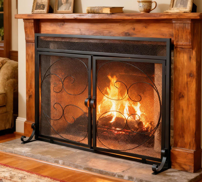 Fire Beauty Wrought Iron Fireplace Screen Magnetic Door Spark Guard Black