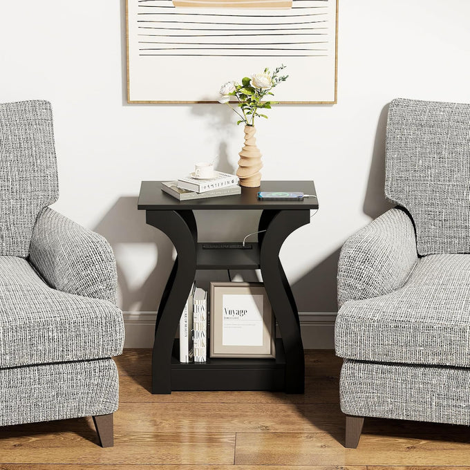 FROMJBEST End Tables Living Room Set of 2 with Charging Station, Black