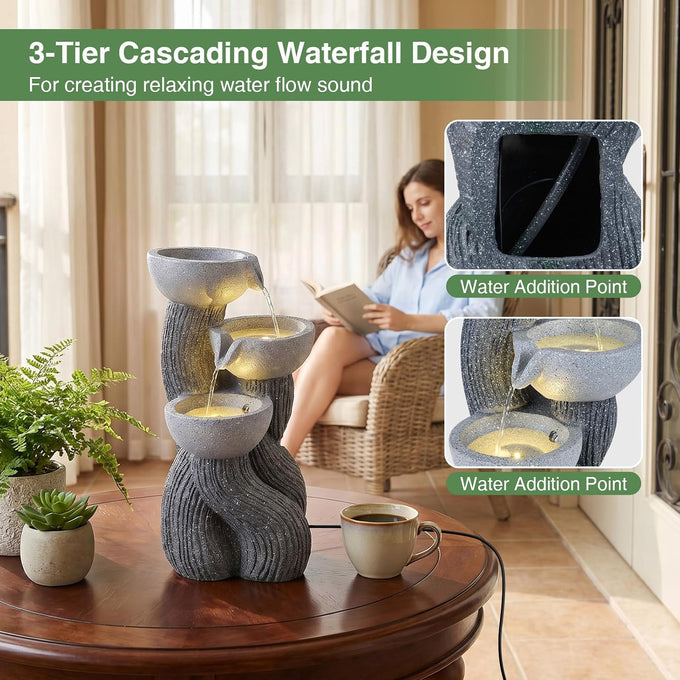 Giantex 3-Tier Outdoor Water Fountain with Lights, 18.5 Inch Cascading Bowls Tabletop Fountain with Pump, Resin Garden Waterfall Feature for Indoor Outdoor Patio, Yard, Porch Decor