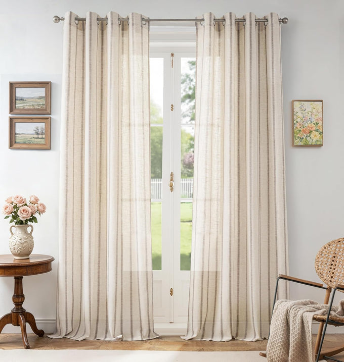 DriftAway Farmhouse Curtains for Living Room Vertical Striped Linen Curtains Semi Sheer Light Filtering Grommet Window Treatments, 120 Inches Long, 2 Panels, Jean Navy on Beige