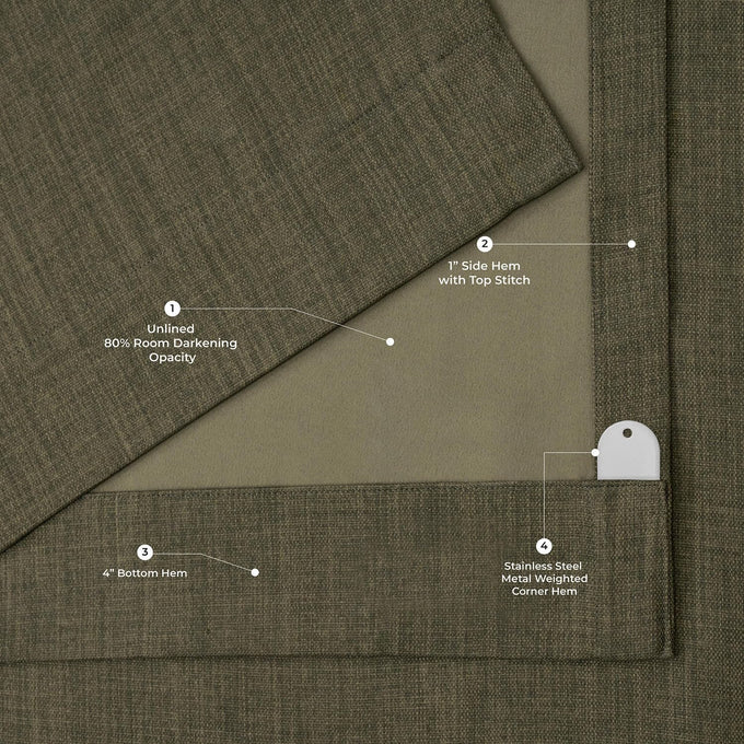 Faux Linen Extra Wide Curtains (1 Panel) - 100W X 108L, Khaki Green