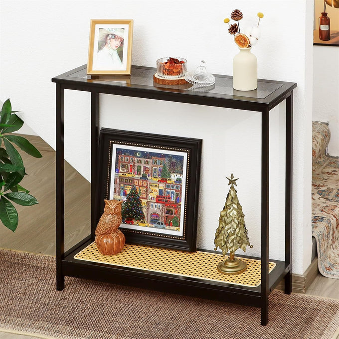 Bamboo Narrow Console Table, 31.5"(L) Wood Small Entryway Table with Rattan and Glass, Accent Slim Hallway Tables, Thin Sofa Side Tables for Hallway, Living Room, Bedroom, Foyer, Walnut