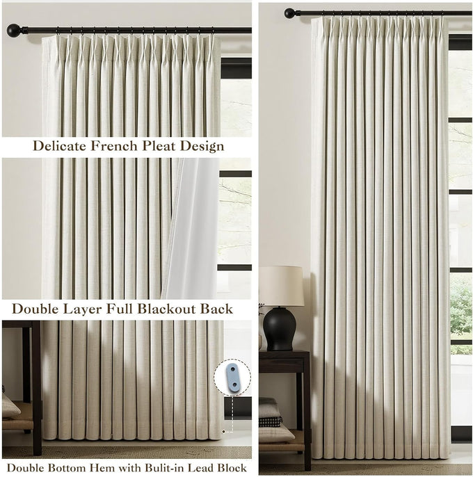 IVAPUPU Natural Pinch Pleated 100% Blackout Linen Curtains 90 Inch Length