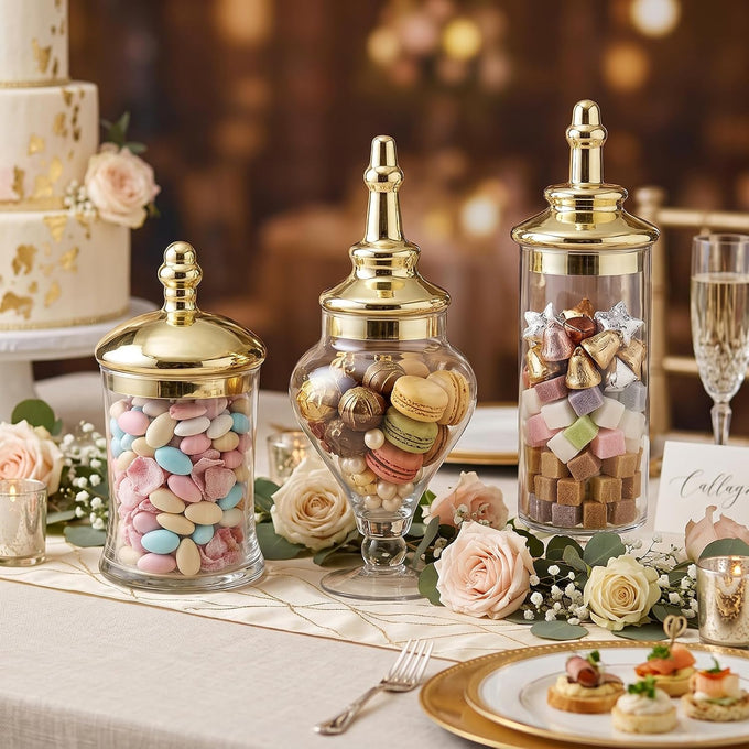 MyGift 3 Piece Clear Glass Apothecary Jars with Metallic Brass Tone Lids