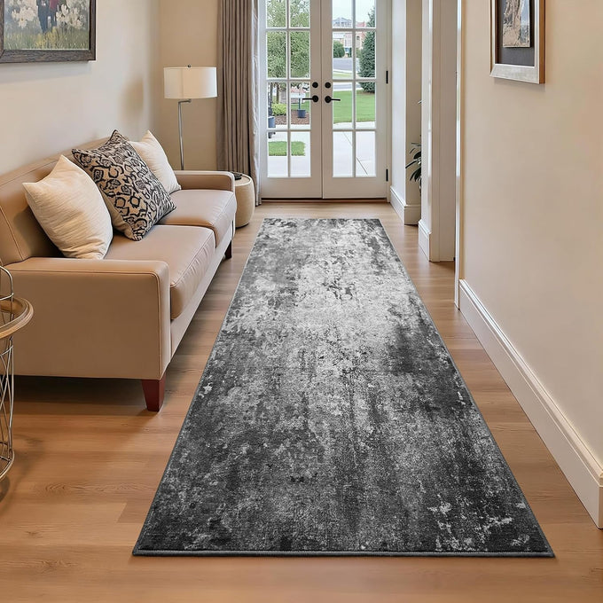 3x12 Grey Rug Runners for Hallways Kitchen Runner Rug Non Slip Washable Black Long Runner Rugs with Rubber Backing Soft Abstract Carpet Runner for Bedroom, Kitchen, Bathroom, Entryway