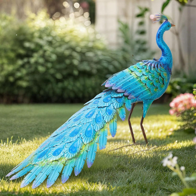 31" L Metal Peacock Garden Statue,Handcrafted Outdoor Yard Art