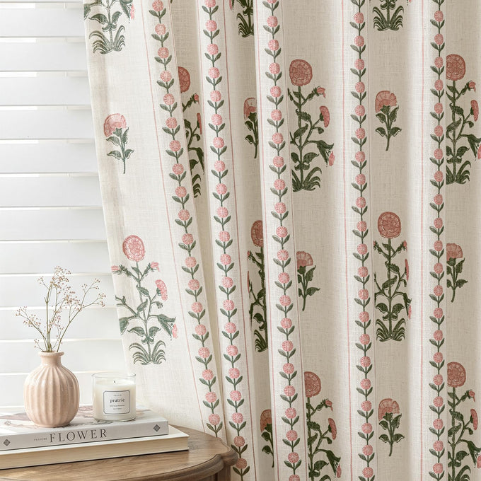 Floral Pinch Pleated Linen Curtains,Blue & Beige White,40" W x 96" L