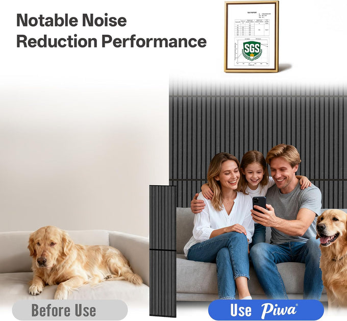 PIWA Acoustic Wall Panels 47"x12" 4 Pack, Wood Slat MDF Core, Matte Black