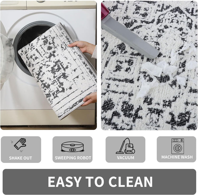 Vintage Runner Rug Non Slip for Hallway Bathroom Kitchen 3x10 ft, Ultra Soft Boho Carpet Runner with Low Pile Design Machine Washable Runner Rugs for Entryway Laundry Living Room (Black)