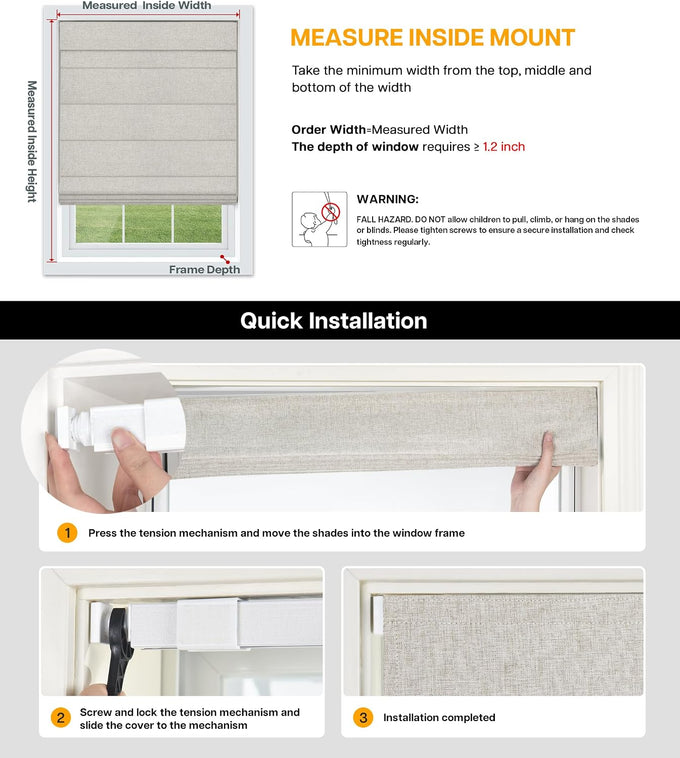 LazBlinds No Drill Roman Shades, Light Filtering, 46" W x 64" H, Off White