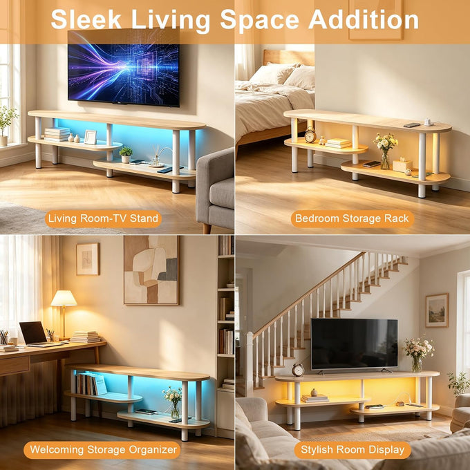 70" Walnut Curved Entertainment Center with Smart RGB Light& Outlet