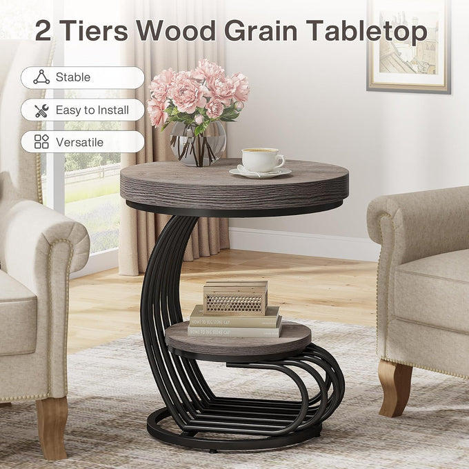 Tribesigns Round End Table, 2-Tier Farmhose Wood Side Table with Shelf Storage, Small Sofa Side Bedside Nightstand, Arc-Shaped Frame Accent Furniture for Living Room, Grey