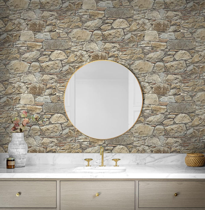 NextWall Faux Stone Wall Rustic Prepasted Wallpaper (Toffee & Ivory)