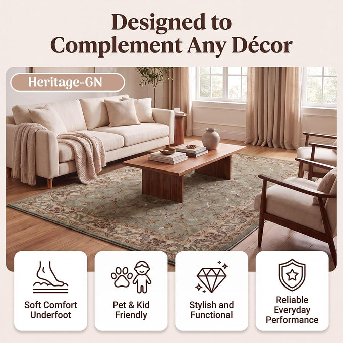 SUPERIOR Indoor Area Rug, Traditional Floral Scroll Décor,2'7"x8', Ivory