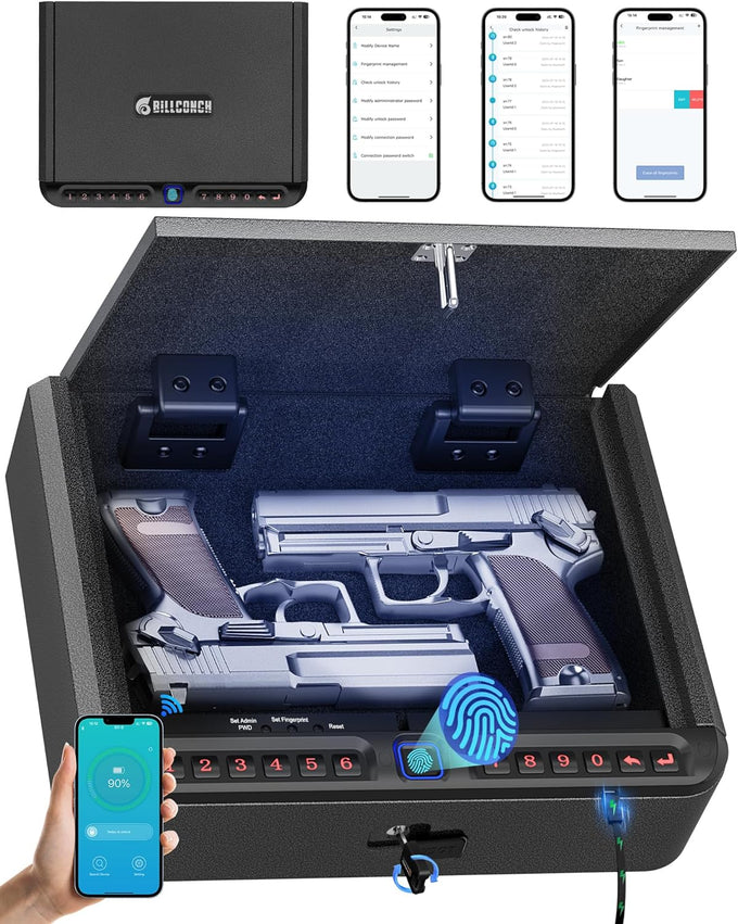BILLCONCH Smart Gun Safe with Fingerprint, App, Keypad,LCD& Security Cable