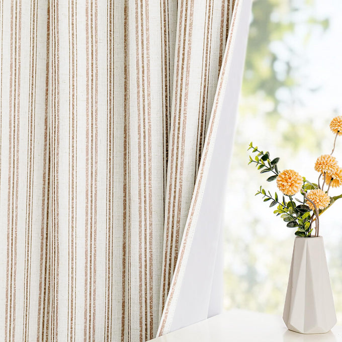 MYSKY HOME Taupe Striped Linen Curtains 100% Blackout 52Wx84L,2 Panels