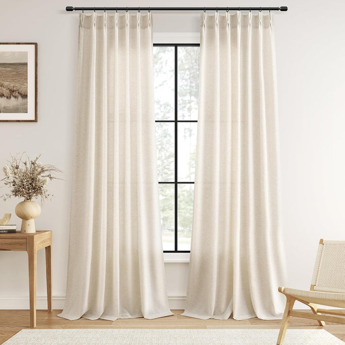 Guken Pinch Pleated Linen Curtains 98 Inches Long 2 Panels Set for Living Room Bedroom Natural Cream Farmhouse Modern Light Filtering Semi Sheer Pleat Drapes Back Tab Window Privacy Beige Ivory 40x98