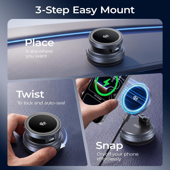 Magnetic Car Mount Charger,25W Fast Wireless Charging Stand with RGB Light